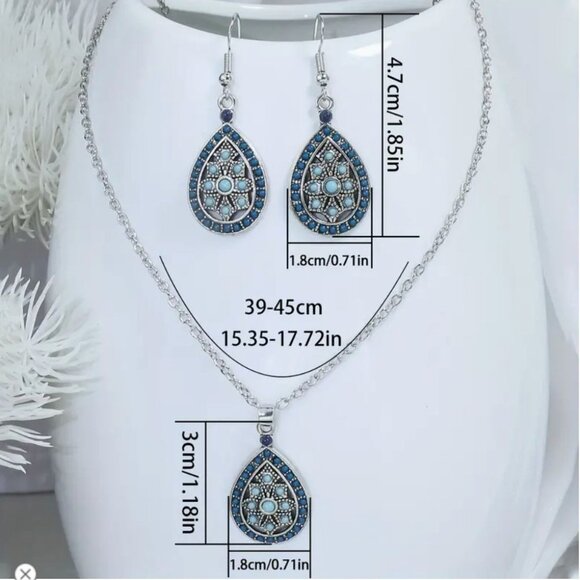 Teardrop Turquoise & Blue Enamel Pendant Necklace & Earrings Set Boho Style - Picture 3 of 3